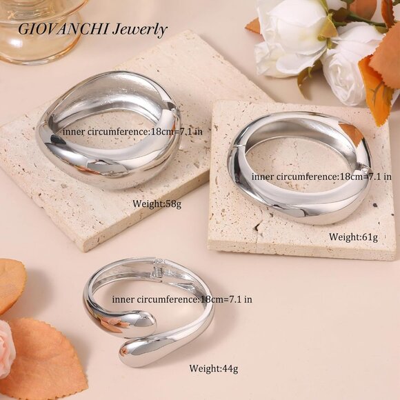 Chunky Gold-color Bangle Bracelets for Women - 3PCS Adjustable Open Cuff Bracel - Picture 3 of 9